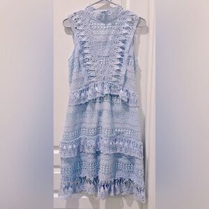 Endless Rose Sleeveless Light Blue Crochet Lace Mock Neck Tiered Mini Dress